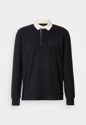 Tumedast käistega polo särk tumehämaras toonis kreemika värviga kraega, millel on nööbiplokk ja tikandiga logo rinnal.