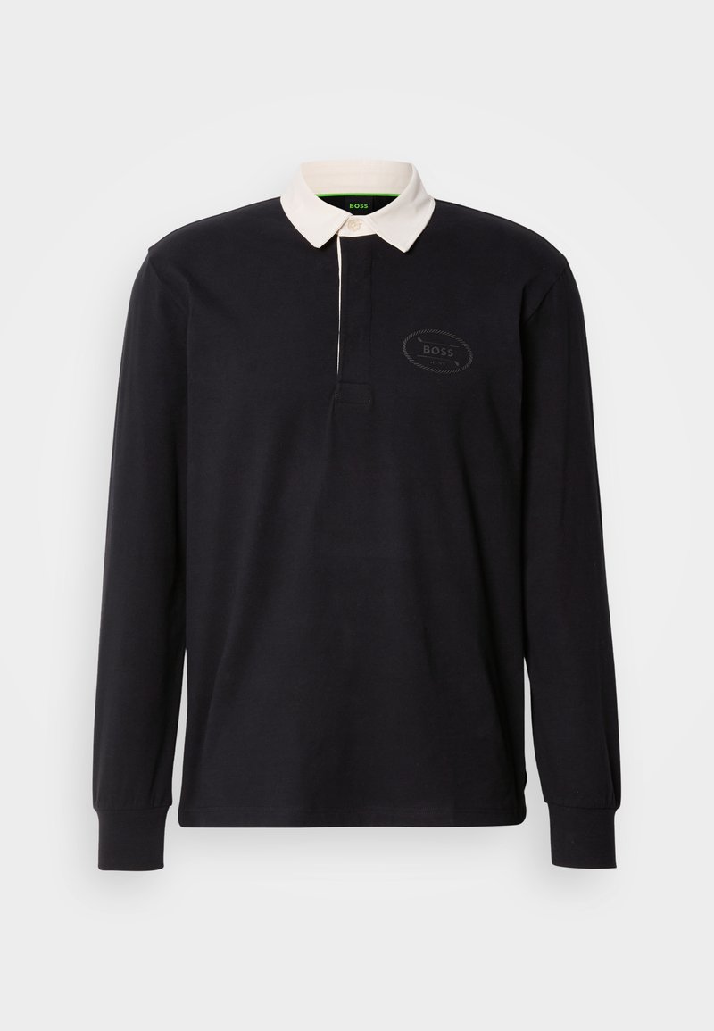 Polo shirt met lange mouwen in donker marineblauw met een contrasterende crèmekleurige kraag, voorzien van een knoopsluiting en geborduurd logo op de borst.