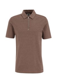Polo shirt scurt, de culoare maro, cu guler cu fermoar, dintr-un material texturat și cu un model subtil. Prezintă un design minimalist, fără branding vizibil.