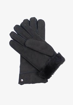 Black gloves made of soft suede material. Features a plush fur cuff, five finger design, and stitched detailing.