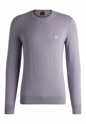 Light purple sweater made from smooth knit fabric, featuring a crew neckline, long sleeves, ribbed cuffs, and a small logo patch on the front.