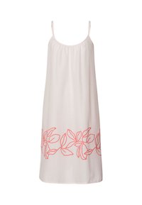 Vestido ligero sin mangas en tejido rosa pálido con escote fruncido y bordado floral en color coral a lo largo del dobladillo.