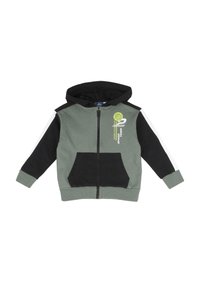 Dragkedja hoodie i grön och svart bomullsblandning, med en framficka, vita sidsömmar och en tryckt logotyp med ett cirkulärt mönster.