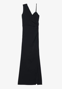 Robe noire avec un corsage drap é, sans manches, et une fente sur le côté. Fabriquée à partir d'un tissu lisse avec une silhouette cintrée.