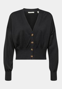 Cardigan nero corto con scollatura a V profonda, texture a coste, maniche lunghe a sbuffo e quattro bottoni marroni sul davanti.
