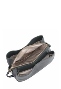Grijze leren handtas met een zachte, gestructureerde buitenkant en twee binnencompartimenten, voorzien van een goudkleurige rits en beige voering.
