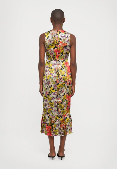 Floral midi dress with a fitted bodice, flared hem, and a colorful pattern of yellow, red, and purple flowers on a dark background.