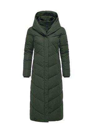 Cappotto verde lungo imbottito con cappuccio, caratterizzato da un design a trapunta a zig zag, chiusura frontale con zip e polsini elasticizzati per una vestibilità aderente.