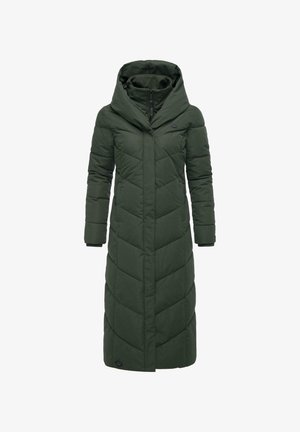 Cappotto verde lungo imbottito con cappuccio, caratterizzato da un design a trapunta a zig zag, chiusura frontale con zip e polsini elasticizzati per una vestibilità aderente.