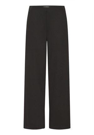 Pantaloni neri a gamba larga con vita alta senza tasche, bottoni o cerniere visibili su sfondo bianco.