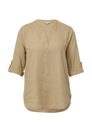 Beige Leinenhemd mit V-Ausschnitt und Dreiviertelärmeln. Verfügt über aufgerollte Bündchen und eine lässige Passform mit einem leicht abgerundeten Saum.