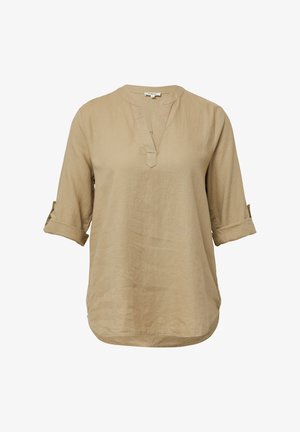 Beige Leinenhemd mit V-Ausschnitt und Dreiviertelärmeln. Verfügt über aufgerollte Bündchen und eine lässige Passform mit einem leicht abgerundeten Saum.