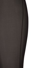 Leggings neri aderenti con una texture di tessuto liscia, caratterizzati da una sottile cucitura verticale che corre lungo il lato.