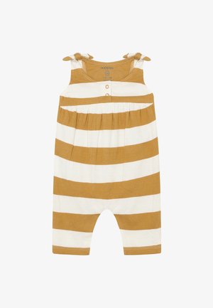 Stripet romper i sennepsgul og hvid. Har skulderbånd, en rynket talje og knaplukning. Fremstillet af blødt stof, ærmeløs design.