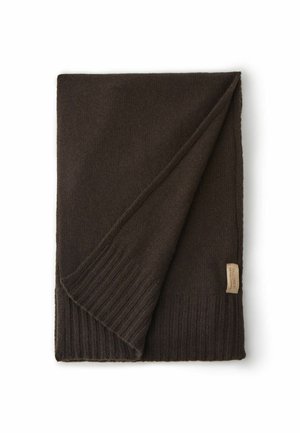 Dunkelbrauner Strickschal mit glatter Textur und gerippten Rändern. Verfügt über ein kleines, beigefarbenes Etikett, das an einer Seite angenäht ist.