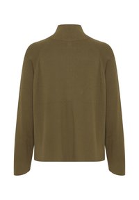Maglione verde oliva a maniche lunghe con collo a finta e maniche raglan, mostrato da dietro su uno sfondo bianco.
