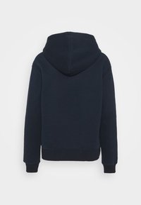 Sweat à capuche bleu marine foncé à manches longues, avec capuche et poignets et ourlet côtelés, vu de dos sur un fond uni clair.