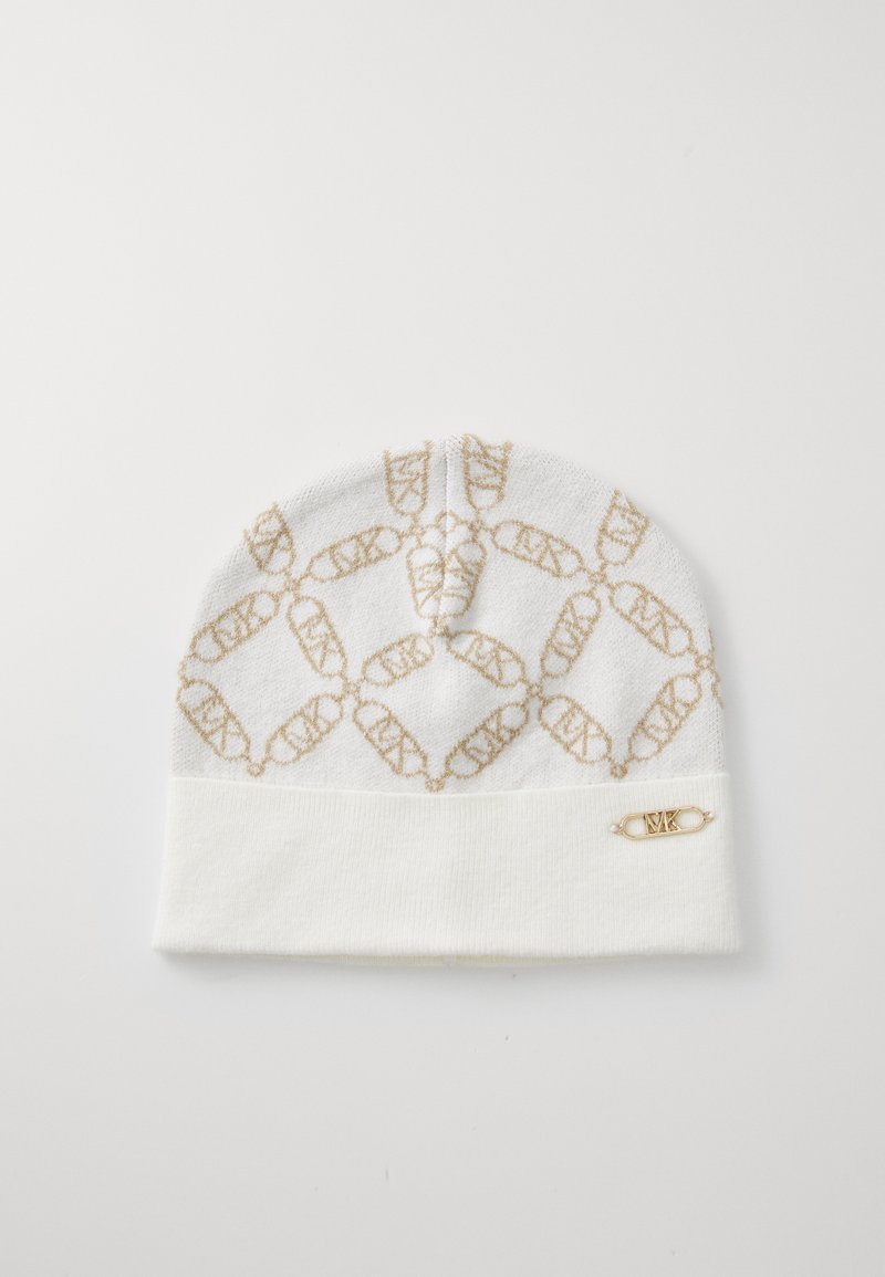 Knit beanie hat in white with gold pattern. Features a soft texture, folded cuff, and a gold pin accent.