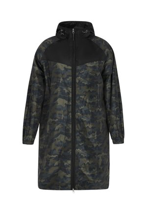 Jachetă cu model camouflage în verde închis și negru, dotată cu glugă, închidere cu fermoar și manșete elastice pentru o potrivire relaxată.
