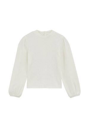 Haut à manches longues blanc avec un col montant, motif texturé et manches bouffantes. Dispose d'une fermeture à boutons à l'arrière. Design décontracté.