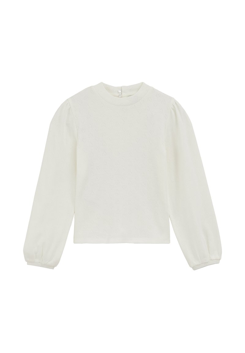 Balta garām piedurknēm augsta kakla blūze ar strukturētu rakstu un pūkainām piedurknēm. Aizmugurē ir poga aizvēršanai. Neformāls dizains.