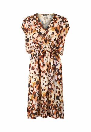 Kurzärmeliges Kleid mit V-Ausschnitt, elastischem Bund und einem Leopardenmuster in Beige-, Braun- und Dunkelorange-Tönen. Glatte Stofftextur.