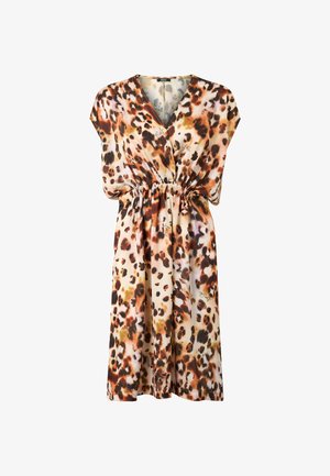 Abito a maniche corte con scollatura a V, vita elastica e motivo leopardato in tonalità beige, marrone e arancione scuro. Tessuto dalla texture liscia.