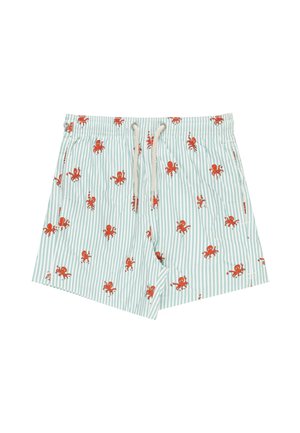 Costume da bagno a pantaloncino a righe verde chiaro e bianco con motivi di polipo arancione e coulisse bianca in vita elastica.
