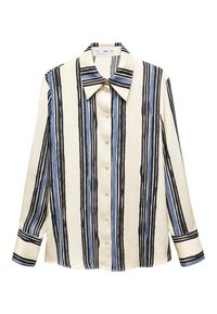 Chemise à manches longues avec col large, présentant des rayures verticales noires et bleues sur un fond crème.