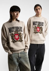 Suéter beige con "WASTEDPARIS" en negro, con un diseño de escudo colorido. Ajuste relajado; combinado con jeans desgastados de color azul y negro.