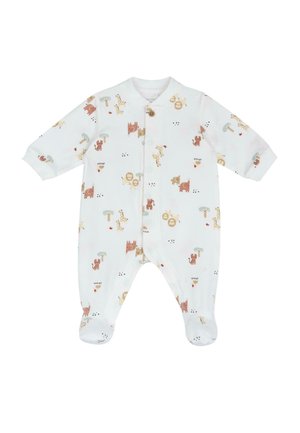 Body en coton pour bébé, blanc avec des imprimés colorés d'animaux et d'arbres, manches longues, fermeture à boutons sur le devant, design avec pieds, texture douce, coutures délicates.