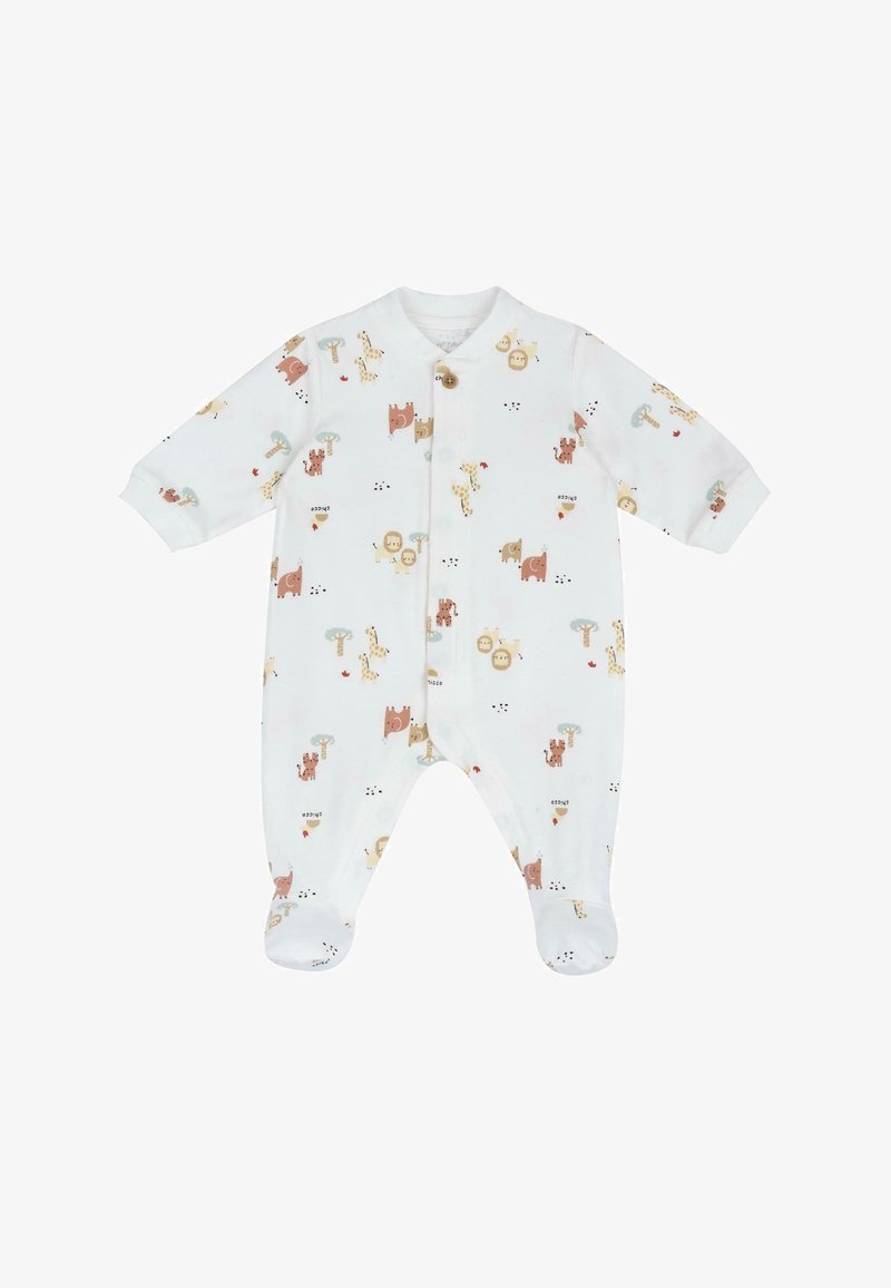 Body en coton pour bébé, blanc avec des imprimés colorés d'animaux et d'arbres, manches longues, fermeture à boutons sur le devant, design avec pieds, texture douce, coutures délicates.
