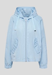 Helle blaue Kapuzenjacke aus glattem Stoff. Verfügt über einen durchgehenden Reißverschluss, zwei Seitentaschen und verstellbare Kordeln. Elastische Bündchen an den Ärmeln.