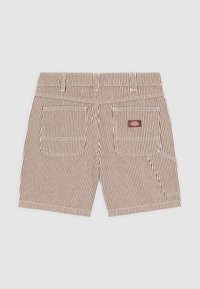 Shorts à rayures verticales marron et blanches avec deux poches arrière et une poche utilitaire latérale, arborant un petit logo de la marque sur la poche droite.