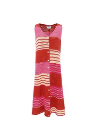 Abito a maglia rosso con strisce orizzontali rosa, gialle e bianche, dotato di scollatura a barca e bottoni lungo la parte anteriore.