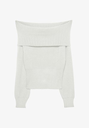 Off-the-shoulder sweater in light gray fabric; ribbed texture on cuffs and neckline; cropped design with relaxed fit and dropped shoulders.