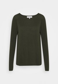 Green long-sleeve sweater made of knit fabric with a round neckline and ribbed texture. Simple design, no visible patterns or accents.