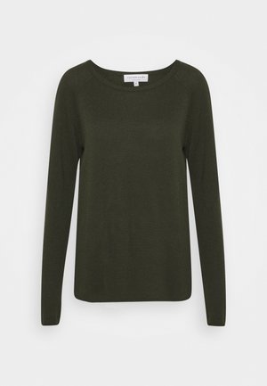 Pull vert à manches longues en tissu tricoté avec un col rond et une texture côtelée. Design simple, sans motifs ou accents visibles.