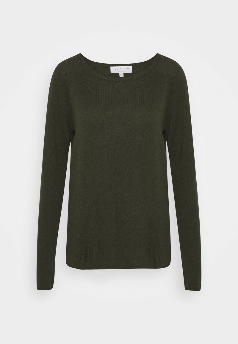 Maglione verde a maniche lunghe realizzato in tessuto a maglia con scollatura rotonda e texture a coste. Design semplice, senza motivi o accenti visibili.