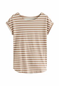 Stribet t-shirt med rund halsudskæring og korte ærmer. Vandrette striber i lys brun og creme. Blødt bomuldsstof, afslappet pasform.
