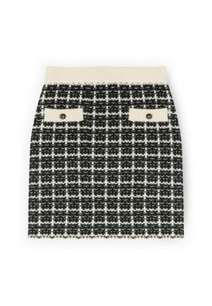 Zwart-witte geruite rok met een geribbelde crèmekleurige tailleband, voorzien van twee voorzakken met knopen en een gestructureerde pasvorm.