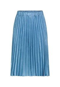 Plissierter Midirock in Hellblau mit einer strukturierten Satinoberfläche und einem elastischen Taillenbund. Entworfen mit einer fließenden Silhouette und vertikalen Linien.