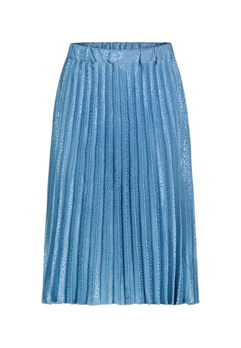 Plissierter Midirock in Hellblau mit einer strukturierten Satinoberfläche und einem elastischen Taillenbund. Entworfen mit einer fließenden Silhouette und vertikalen Linien.