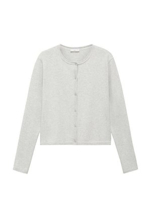 Cardigan corto grigio chiaro realizzato in tessuto morbido, con maniche lunghe, scollo rotondo e chiusura a bottoni lungo il davanti.