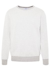 Biały sweter z teksturowanym splotem, z jasnoszarymi ściągaczami na mankietach, dolnym brzegu oraz okrągłym dekoltem, wyeksponowany na jednolitym tle.