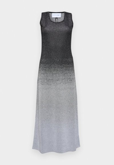 Beirankis, be rankovių, su perėjimu nuo juodos iki sidabrinės spalvos. Pagamintas iš blizgaus audinio, turintis prigludusį viršų ir laisvą apačią.