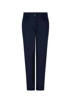 Mørkeblå damebukser med lige ben, forlommer, bæltestropper og dobbeltknaplukning i taljen.