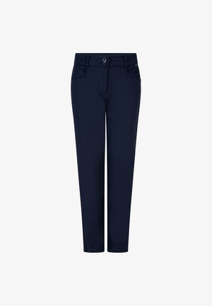Mørkeblå damebukser med lige ben, forlommer, bæltestropper og dobbeltknaplukning i taljen.