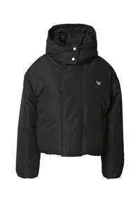 Svart cropped puffjakke laget av polyester, med høy krage, trykknapper og en brodert logo på brystet.