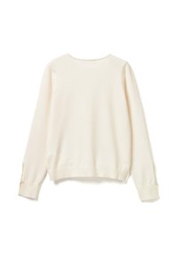 Krémový svetr s dlouhým rukávem, kulatým výstřihem, žebrovanými manžetami s knoflíky a jemnou, hladkou texturou.